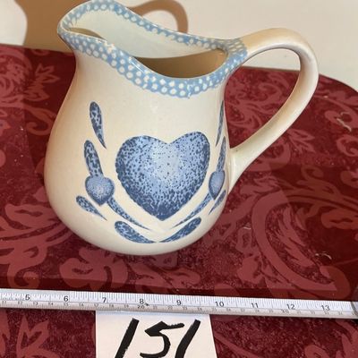 Vintage 1980’s Blue Heart Sponge Stoneware Heart Pitcher 6 1/2" t