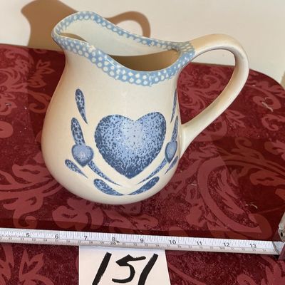 Vintage 1980’s Blue Heart Sponge Stoneware Heart Pitcher 6 1/2" t