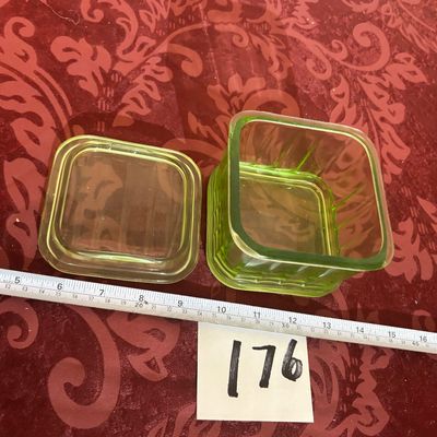 4” Cubic Refrigerator Covered Dish Bowl Green Depression Uranium Glass