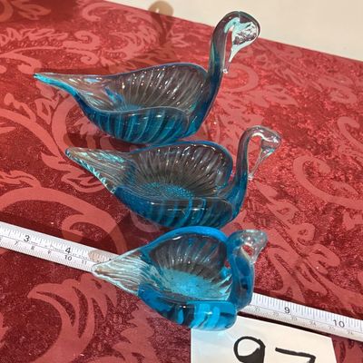 Vintage Blown Glass Blue Turquoise NESTING SWANS Trinket Dishes SET OF 3