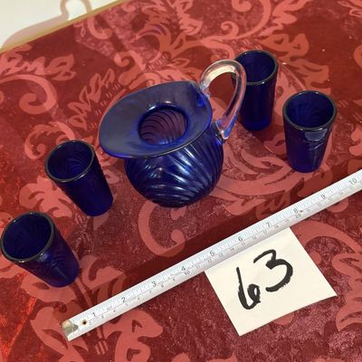 COBALT BLUE SMALL PITCHER AND 4 CORDIAL GLASSES
