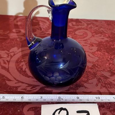 Antique Czech Bohemian Cobalt Blue Cut to Clear Glass Hand Blown Cruet Bottle