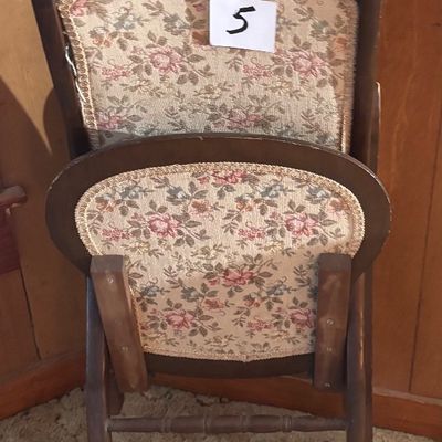 Antique Victorian Dark Wood Folding Rocking Chair Tapestry Seat & Back