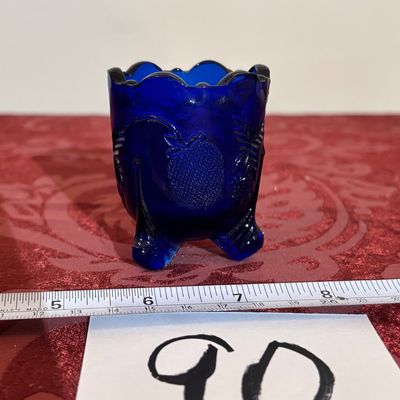 Toothpick Holder Cobalt Blue Glass Inverted Strawberry 3 Footed Scalloped Edge