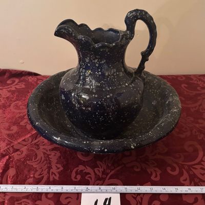 vintage blue splatterware ceramic Pitcher