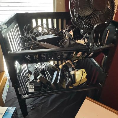 Assorted Electronic Cables and Accessories in Two-Tier Storage Cart