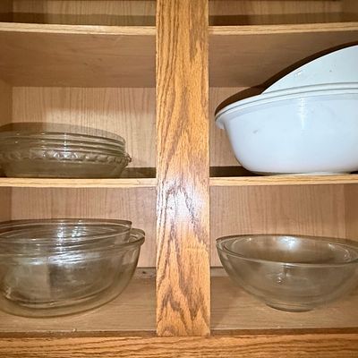 Vintage Pyrex and Fire King Clear Glass Mixing Bowls and Casserole Dishes