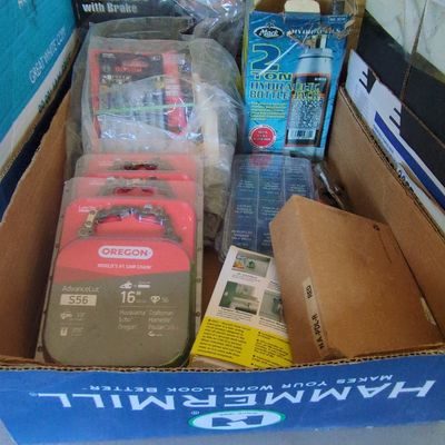 Assorted Hardware and Tool Lot with Chicago Electric Plunge Router, Mack Bottle Jack, and Oregon Saw Chains