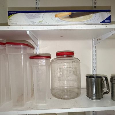 Assorted Plastic Storage Containers, Stainless Steel Sifter and Shaker, and Progressive Pastry Mat