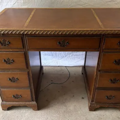 Vintage 1960s Leather Inlay Double Pedestal Desk with Rope Carved Edging 