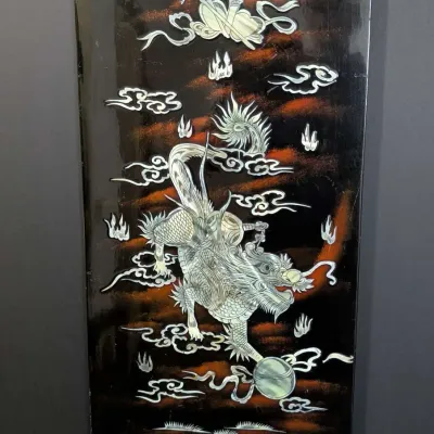 Asian Mother of Pearl Inlaid Dragon Lacquer Wall Panel