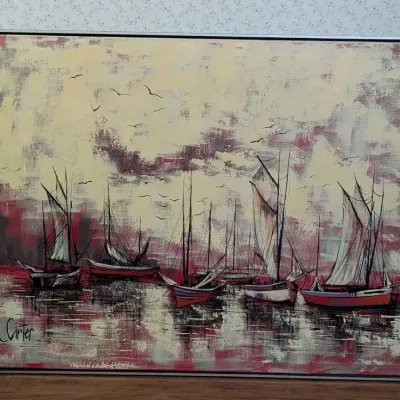 Mid Century L. Carter Harbor Sailboat Painting Large Framed Nautical Canvas