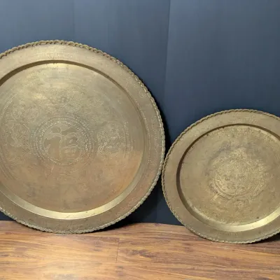 Pair of Large Vintage Hong Kong Engraved Brass Asian Decorative Trays
