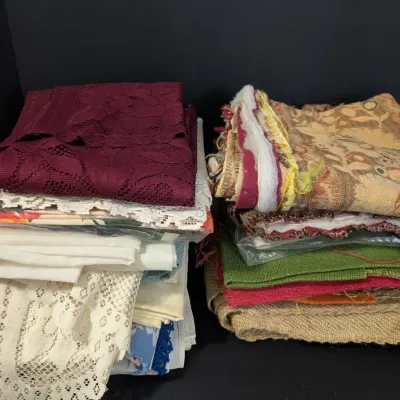 Vintage Fabric and Textile Remnant Assortment with Lace Linens and Needlework