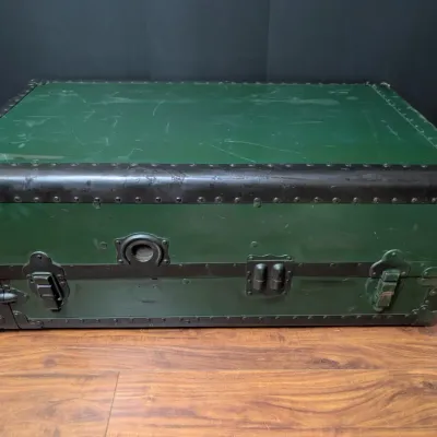 Vintage Green Metal Clad Wardrobe Steamer Trunk with Floral Interior