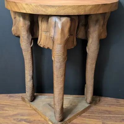 Hand Carved Wood Elephant Console Table with Three Elephant Supports