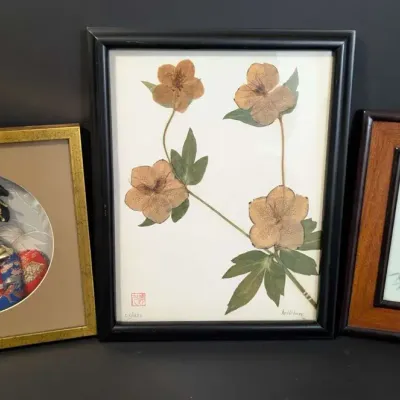 Three Piece Asian Art Collection with Japanese Geisha Shadow Box, Pressed Hellebore Botanical and Ba