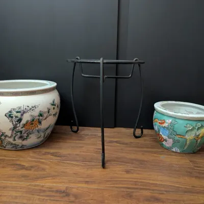 Chinese Decorative Porcelain Fishbowl Planters with Floral Bird and Goldfish Motifs and Metal Stand