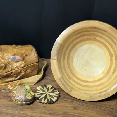 Artisan Wood Decor Collection with Large Segmented Bowl, Natural China Fir Box, Duck Dish and Inlaid