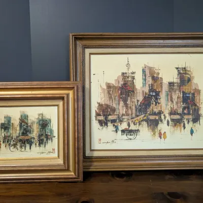 Pair of Signed Chen Mao Asian Cityscape Paintings in Vintage Frames