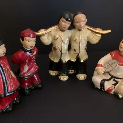 Set of 4 Asian Chalkware & Ceramic Figurines