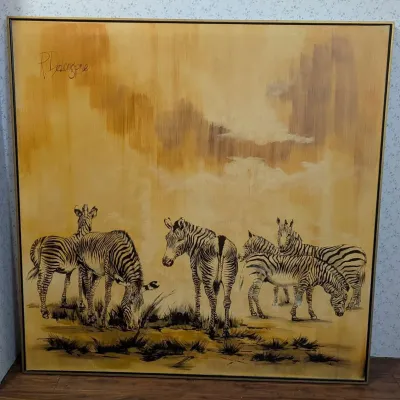Mid Century R. DeLongpre Zebra Painting Large Framed African Wildlife Canvas
