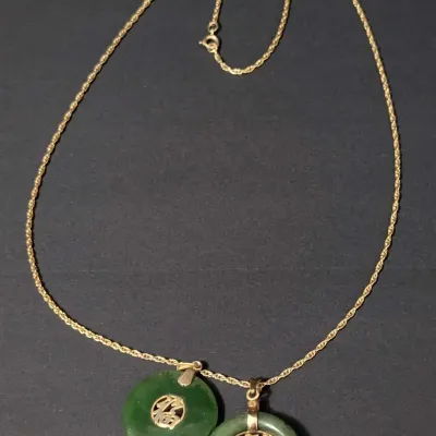 Jade Like Asian Dragon and Good Fortune Pendants on Gold Tone Chain