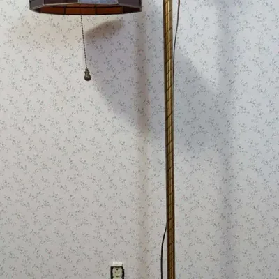 Vintage Ornate Bridge Arm Floor Lamp with Amber Slag Glass Shade 60 Inch