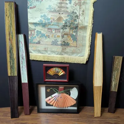 Asian Decorative Arts Collection with Large Hand Fans, Framed Fans and Pagoda Textile
