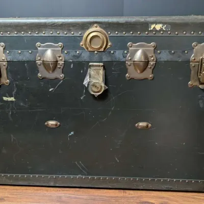 Vintage Black Steamer Travel Trunk With Brass Tone Hardware and Keys