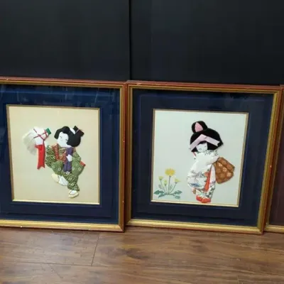 Set of Four Framed Japanese Textile Figural Art Geisha and Sumo