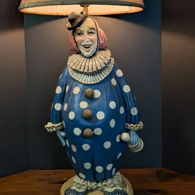 Whimsical Oversized Figural Clown Table Lamp with Polka Dot Costume