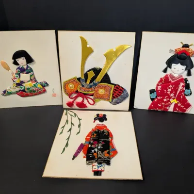 Vintage Japanese Oshie Textile Collage Wall Art Set Geisha Samurai Kabuto