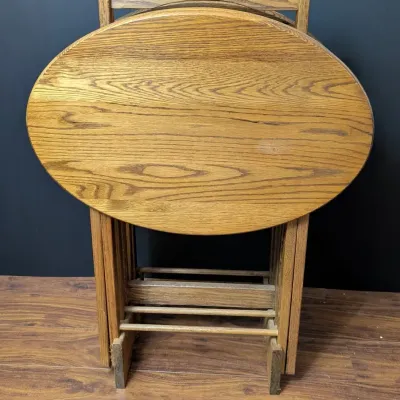 Vintage Oak Folding TV Tray Table Set with Storage Stand