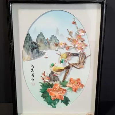 Vintage Asian Mother of Pearl Bird and Floral Shadow Box Wall Art