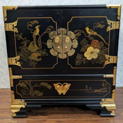 Asian Style Hand Painted Black Jewelry Armoire with Brass Hardware