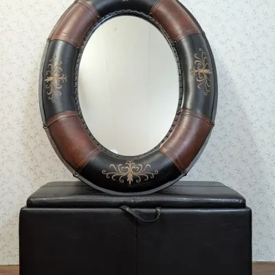 Faux Leather Storage Ottoman and Decorative Upholstered Oval Wall Mirror