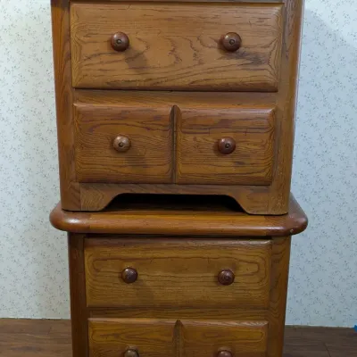 Pair of Matching Oak Nightstands With Drawers and Rounded Tops