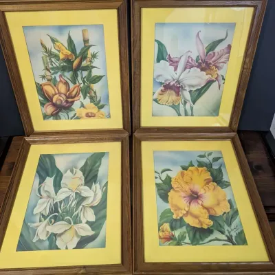 Set of Four Ted Mundorff Hawaii Framed Tropical Floral Airbrush Art