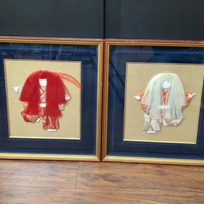 Pair of Framed Japanese Kabuki Textile Relief Art with Silk Costumes