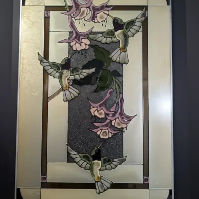 Large Hummingbird and Fuchsia Stained Glass Hanging Panel