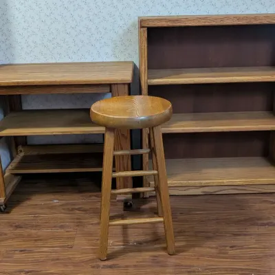 Oak Rolling Utility Table Bookshelf and Bar Stool