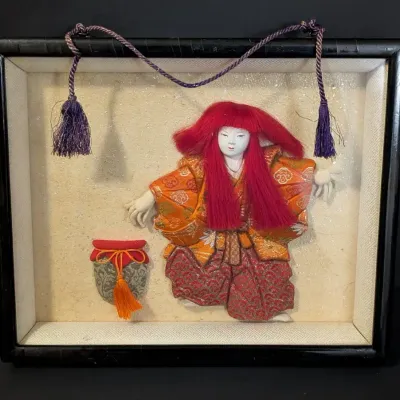 Vintage Japanese Red Haired Doll Shadow Box Art