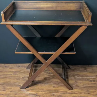 Vintage Campaign Style Butler Tray Table with X Frame and Lower Shelf