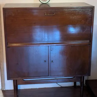Vintage Mid Century Modern Walnut Bar Cabinet with Built In Cocktail Station and Bar Master Drink Gu