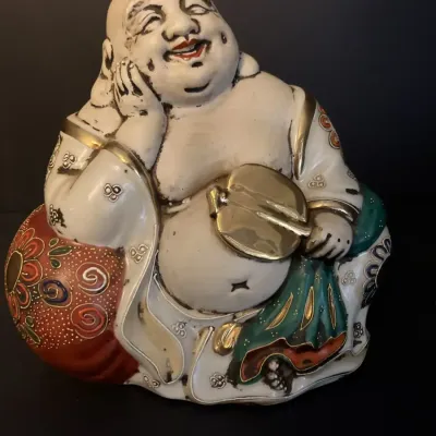 Japanese Kutani Porcelain Laughing Buddha with Gold Fan