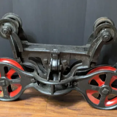 Vintage Cast Iron Industrial Rail Trolley with Red Wheels