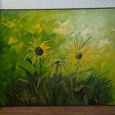 Lee Reynolds Mid Century Modern Sunflower Painting Large Framed Floral Canvas