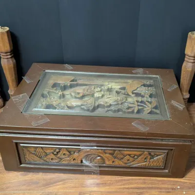 Vintage Asian Carved Wood Glass Top Side Table with Drawer and Removable Legs

