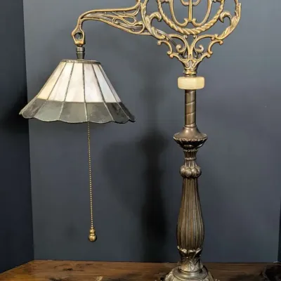 Ornate Bridge Arm Table Lamp with Slag Glass Shade